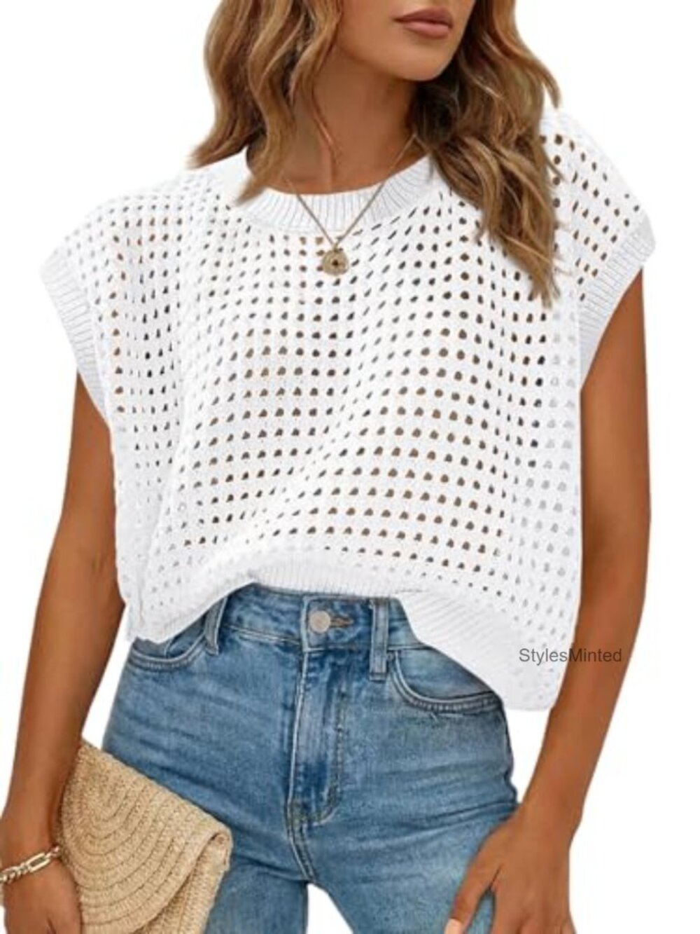 Women's Crochet Cap Sleeve Knit Sweater Lightweight Crewneck Vacation Top